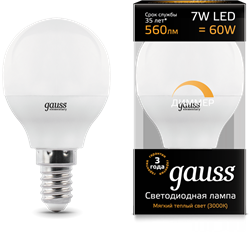 Gauss Лампа LED Шар-dim E14 7W 560lm 3000К диммируемая 105101107-D - фото 33853