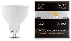 Gauss Лампа MR16 5W 500lm 3000K GU5.3 диммируемая LED 101505105-D - фото 33877
