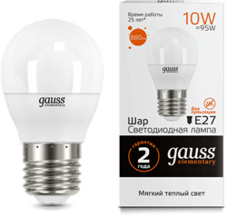 Gauss Лампа Elementary Шар 10W 710lm 3000K Е27 LED 53210 - фото 34087