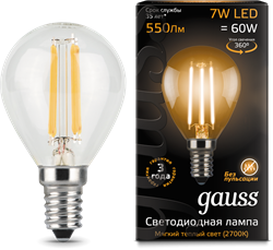 Gauss Лампа Filament Шар 7W 550lm 2700К Е14 LED 105801107 - фото 34122