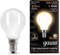 Gauss Лампа Filament Шар 5W 420lm 2700К Е14 milky LED 105201105 - фото 34126