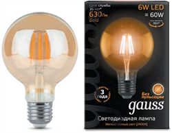 Gauss Лампа Filament G95 6W 550lm 2400К Е27 golden LED 105802006 - фото 34163