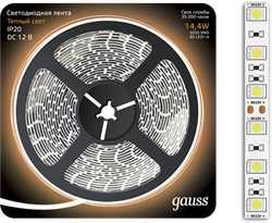 Gauss Лента LED 5050 -SMD 14.4W 12V DC теплый белый (блистер 5м) 312000114 - фото 34534