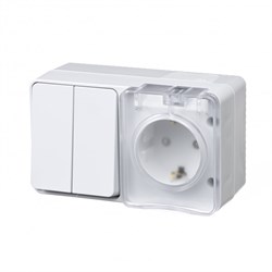 Systeme Electric AtlasDesign Profi54 наружный белый блок: розетка с заземлением, со шт. + выключатель 2-клавишный 10А IP54 ATN540174 - фото 71630