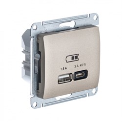 Glossa титан USB розетка A + тип-C 45W высокоскоростная зарядка QC, PD, механизм GSL000429 - фото 72248