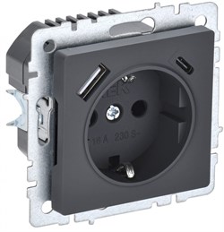 IEK Brite Base графит розетка с заземлением и шторками, 16А с USB A+C 18Вт BR-R14-16-U22-018-K53 - фото 73377