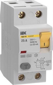 IEK KARAT УЗО KARAT ВД3-63 2P 25А 30мА 6кА тип A MDV21-2-025-030 - фото 84153