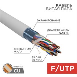 Кабель витая пара F/UTP, CAT 5е, PVC, 25PR, 24AWG, INDOOR, SOLID, серый, 305м, РФ REXANT 01-1201-R - фото 89339