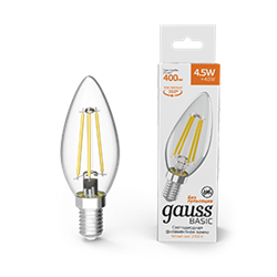 Gauss Лампа Basic Filament Свеча 4,5W 400lm 2700К Е14 LED 1031115 - фото 89725