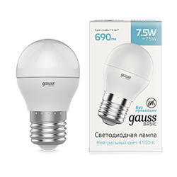 Gauss Лампа Basic Шар 7,5W 690lm 4100K E27 LED 1053228 - фото 89774