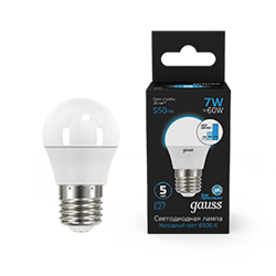 Gauss Лампа Шар 7W 550lm 6500K Е27 шаг. диммирование LED 105102307-S - фото 89876