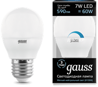 Gauss Лампа Шар 7W 590lm 4100К Е27 диммируемая LED 105102207-D