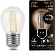 Gauss Лампа Filament Шар 5W 420lm 2700К Е27 диммируемая LED 105802105-D