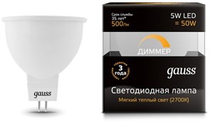 Gauss Лампа MR16 5W 500lm 3000K GU5.3 диммируемая LED 101505105-D