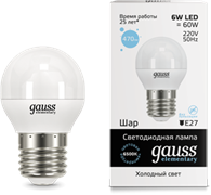 Gauss Лампа Elementary Шар 6W 470lm 6500K Е27 LED 53236