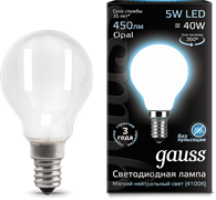 Gauss Лампа Filament Шар 5W 450lm 4100К Е14 milky LED 105201205