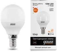 Gauss Лампа Elementary Шар 10W 710lm 3000K Е14 LED 53110
