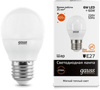 Gauss Лампа Elementary Шар 6W 420lm 3000K Е27 LED 53216