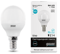 Gauss Лампа Elementary Шар 8W 540lm 4100K Е14 LED 53128