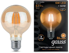 Gauss Лампа Filament G95 6W 550lm 2400К Е27 golden LED 105802006