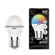 Gauss Лампа Шар G45 6W E27 RGBW димирование LED 1/100 105102406