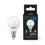 Gauss Лампа Шар 6.5W 550lm 6500K E14 LED 1/10/100 105101307